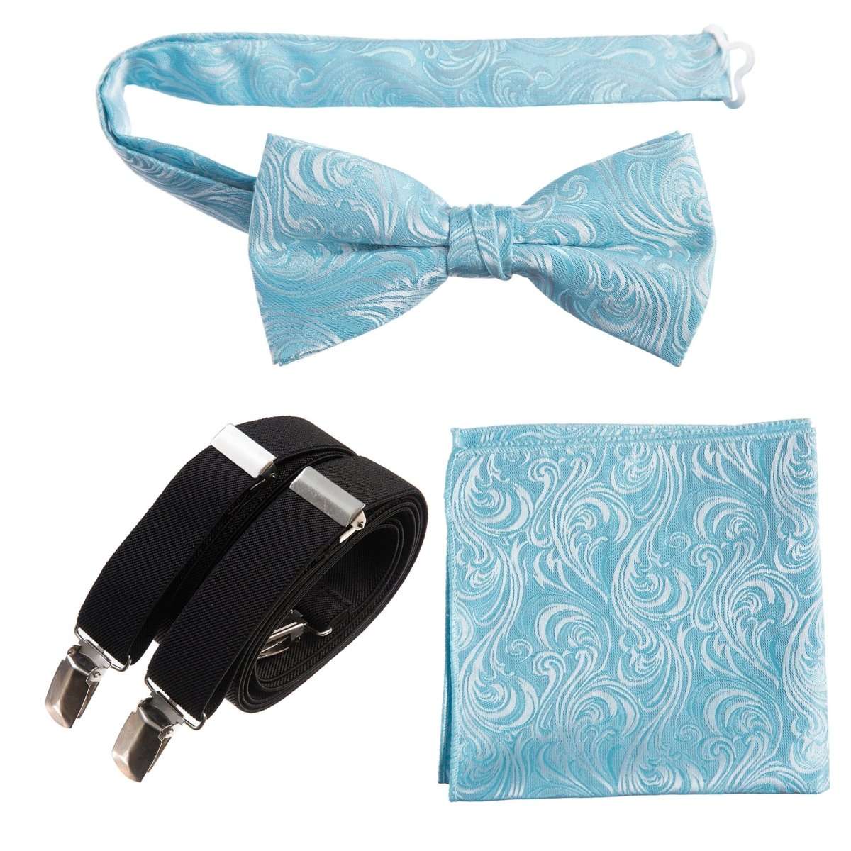 Pre - tied Bow Tie & Pocket Square Paisley Jacquard with Adjustable Stretch Suspender - Tuxgear