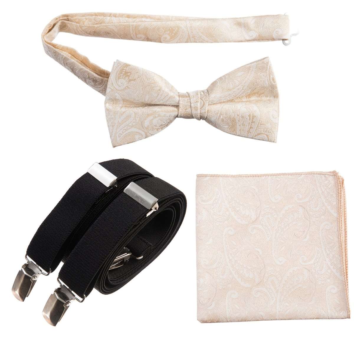Pre - tied Bow Tie & Pocket Square Paisley Jacquard with Adjustable Stretch Suspender - Tuxgear