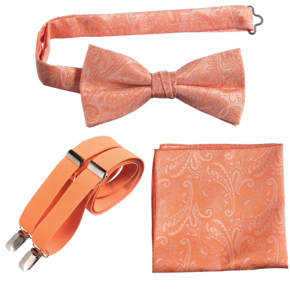 Pre - tied Bow Tie & Pocket Square Paisley Jacquard with Adjustable Stretch Suspender - Tuxgear
