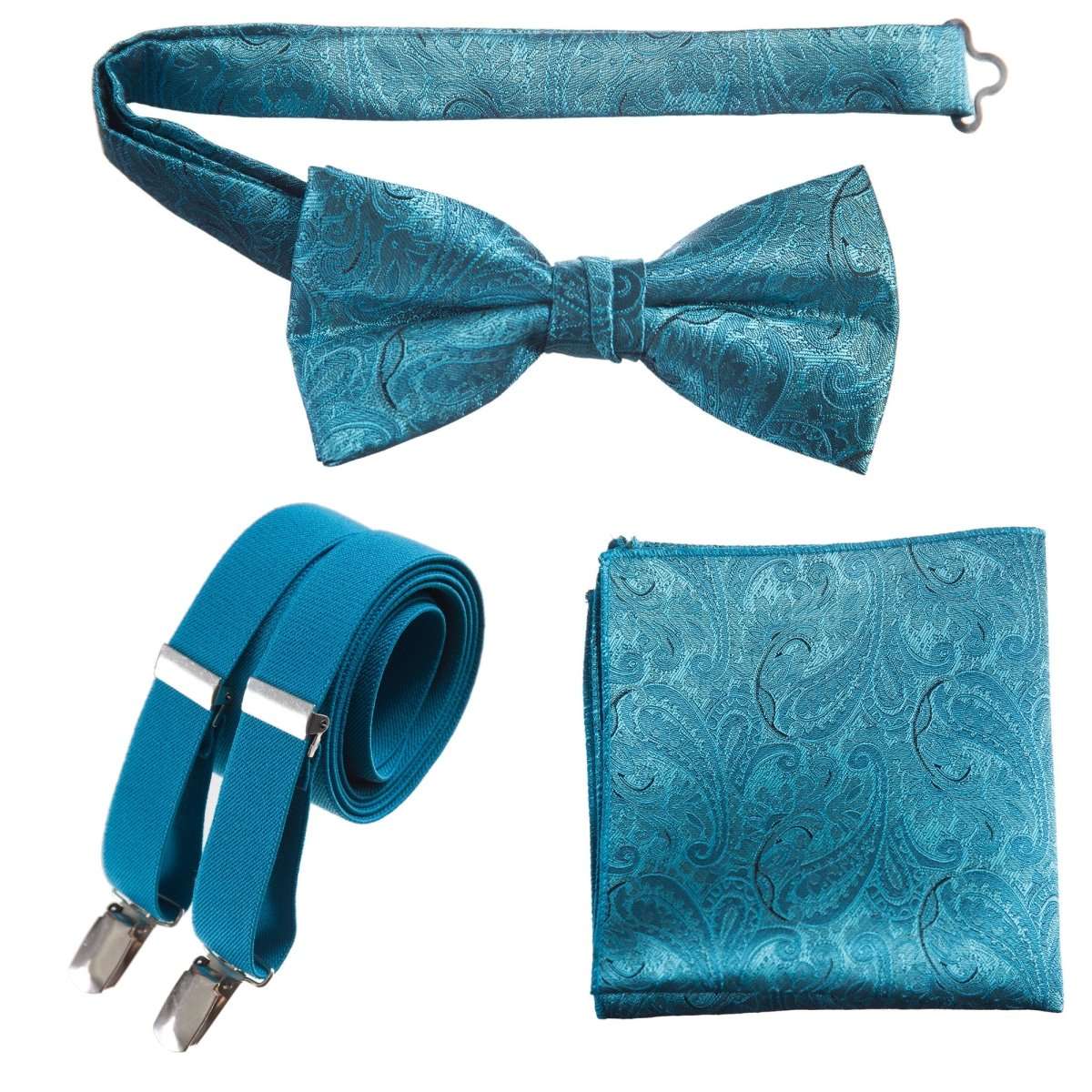 Pre - tied Bow Tie & Pocket Square Paisley Jacquard with Adjustable Stretch Suspender - Tuxgear