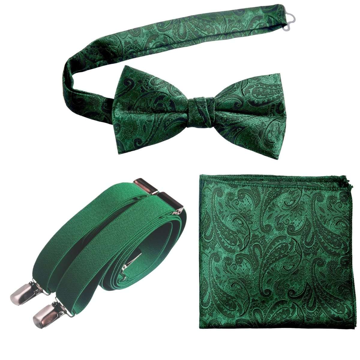 Pre - tied Bow Tie & Pocket Square Paisley Jacquard with Adjustable Stretch Suspender - Tuxgear