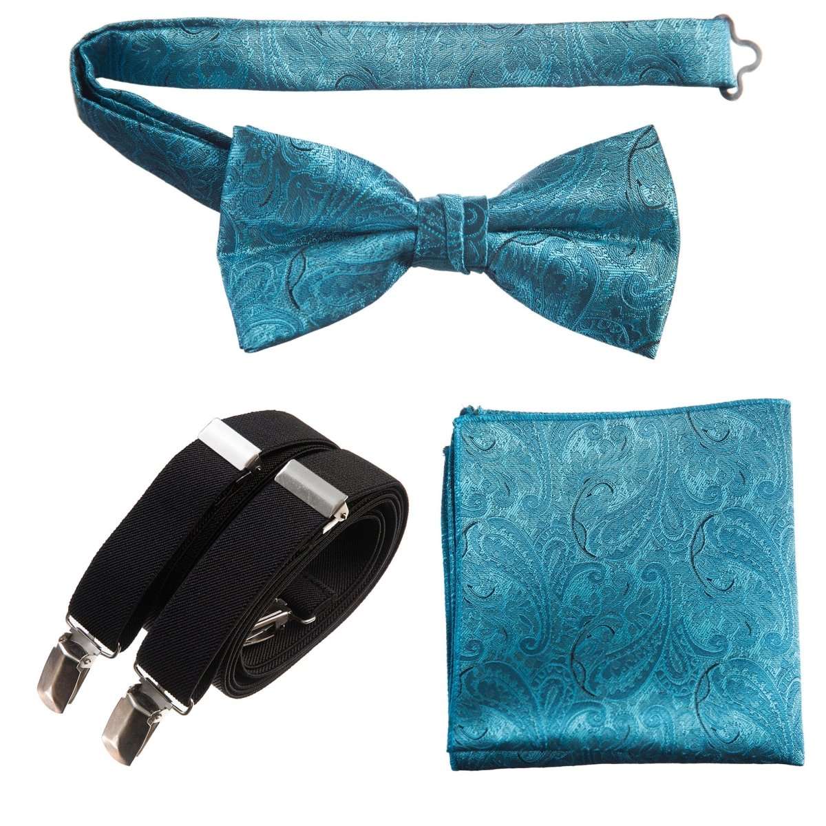 Pre - tied Bow Tie & Pocket Square Paisley Jacquard with Adjustable Stretch Suspender - Tuxgear