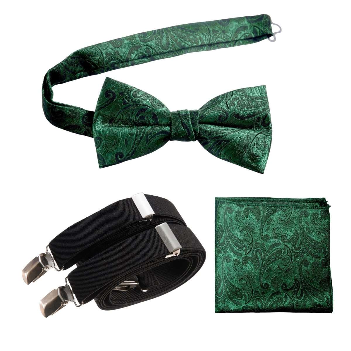 Pre - tied Bow Tie & Pocket Square Paisley Jacquard with Adjustable Stretch Suspender - Tuxgear