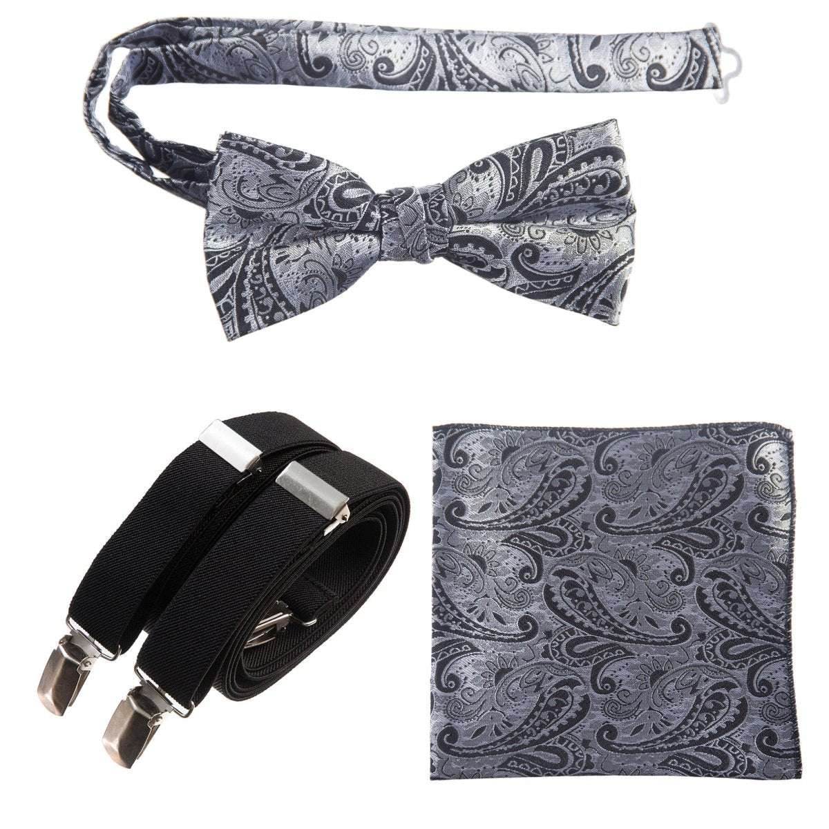 Pre - tied Bow Tie & Pocket Square Paisley Jacquard with Adjustable Stretch Suspender - Tuxgear