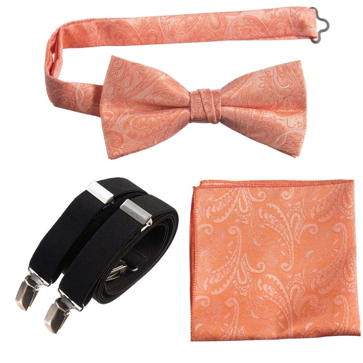 Pre - tied Bow Tie & Pocket Square Paisley Jacquard with Adjustable Stretch Suspender - Tuxgear