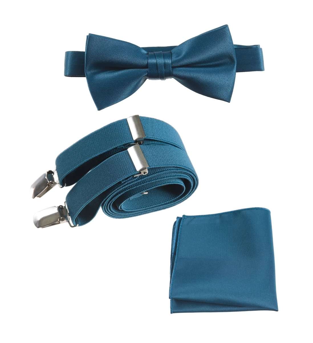Pre - tied Satin Bow Tie & Pocket Square with Adjustable Stretch Elastic Suspender - Tuxgear