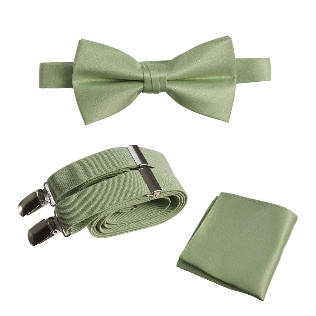 Pre - tied Satin Bow Tie & Pocket Square with Adjustable Stretch Elastic Suspender - Tuxgear