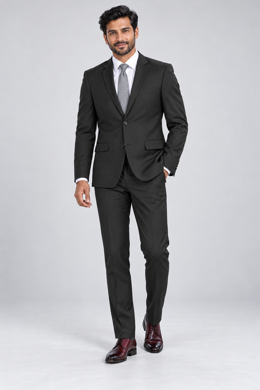 Renoir Men’s Slim Fit Black 2 Piece Suit — model photograph in a minimalist photographic studio with seamless pale gray backdrop and floor, large softbox lighting