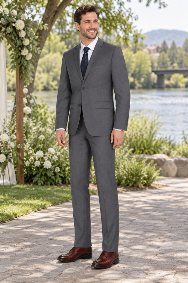 Renoir Men’s Slim Fit Dark Grey 2 Piece Suit shown in professional outdoor wedding photography