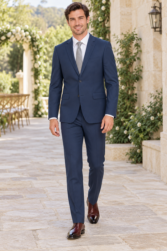 Renoir Men’s Slim Fit Navy Blue 2 Piece Suit shown in professional outdoor wedding photography