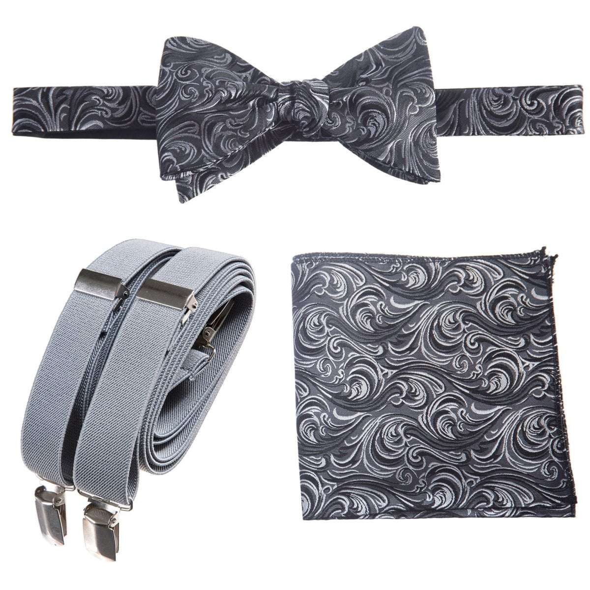 Self - tie Bow Tie & Pocket Square Paisley Jacquard with Adjustable Stretch Suspender - Tuxgear