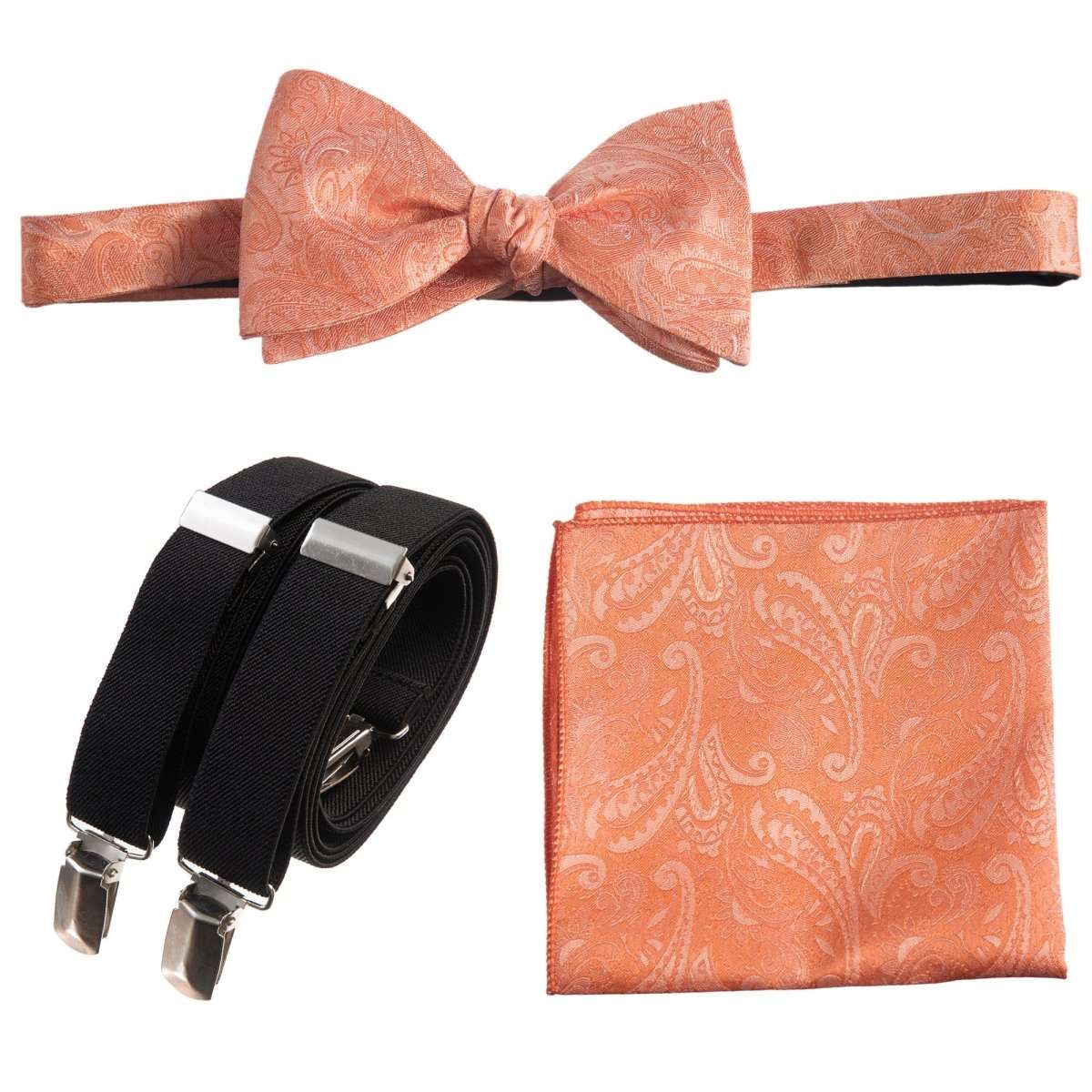 Self - tie Bow Tie & Pocket Square Paisley Jacquard with Adjustable Stretch Suspender - Tuxgear
