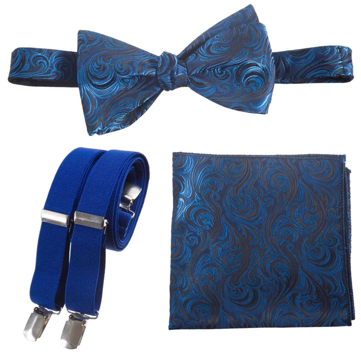 Self - tie Bow Tie & Pocket Square Paisley Jacquard with Adjustable Stretch Suspender - Tuxgear
