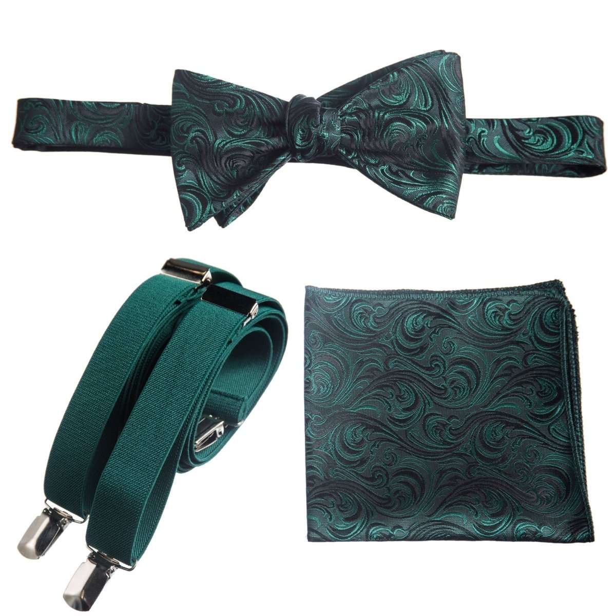 Self - tie Bow Tie & Pocket Square Paisley Jacquard with Adjustable Stretch Suspender - Tuxgear
