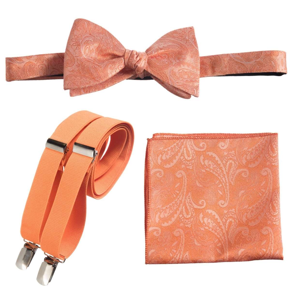 Self - tie Bow Tie & Pocket Square Paisley Jacquard with Adjustable Stretch Suspender - Tuxgear