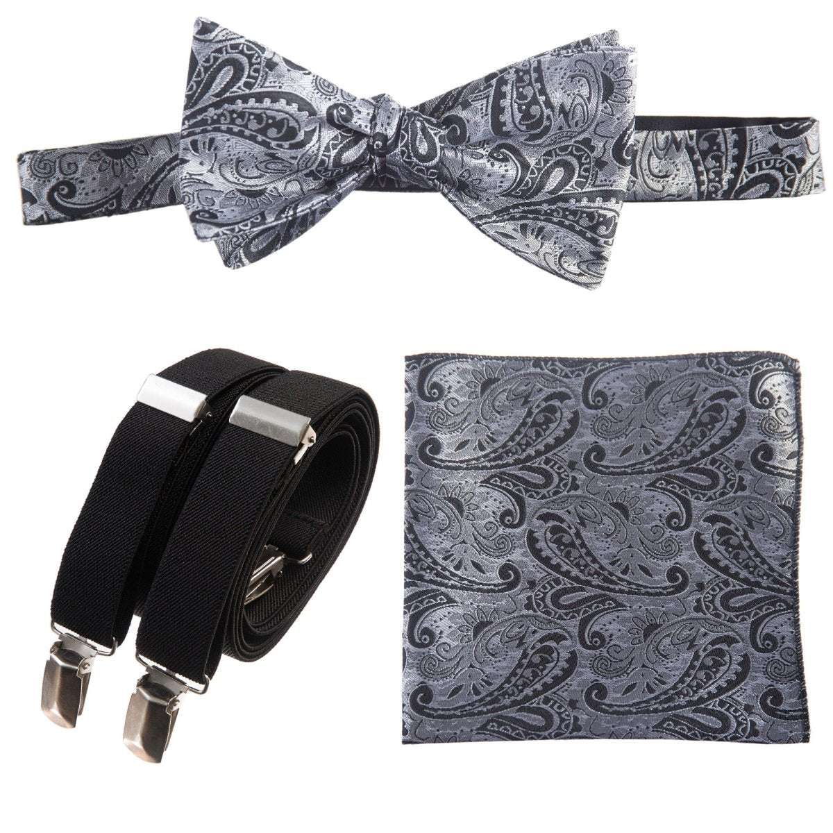 Self - tie Bow Tie & Pocket Square Paisley Jacquard with Adjustable Stretch Suspender - Tuxgear