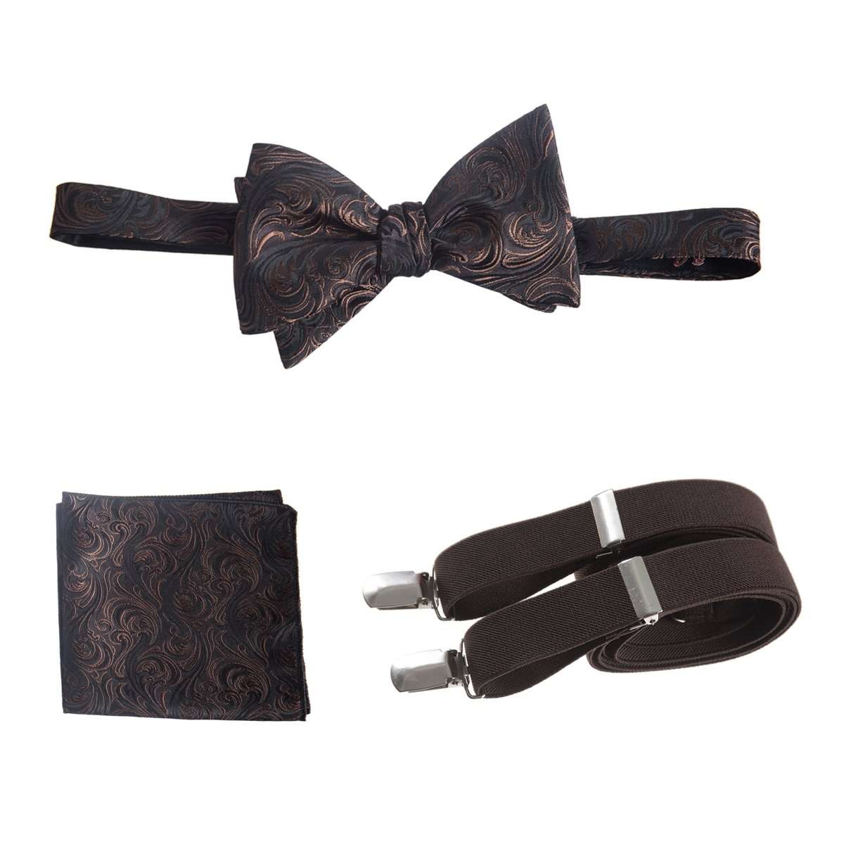 Self - tie Bow Tie & Pocket Square Paisley Jacquard with Adjustable Stretch Suspender - Tuxgear