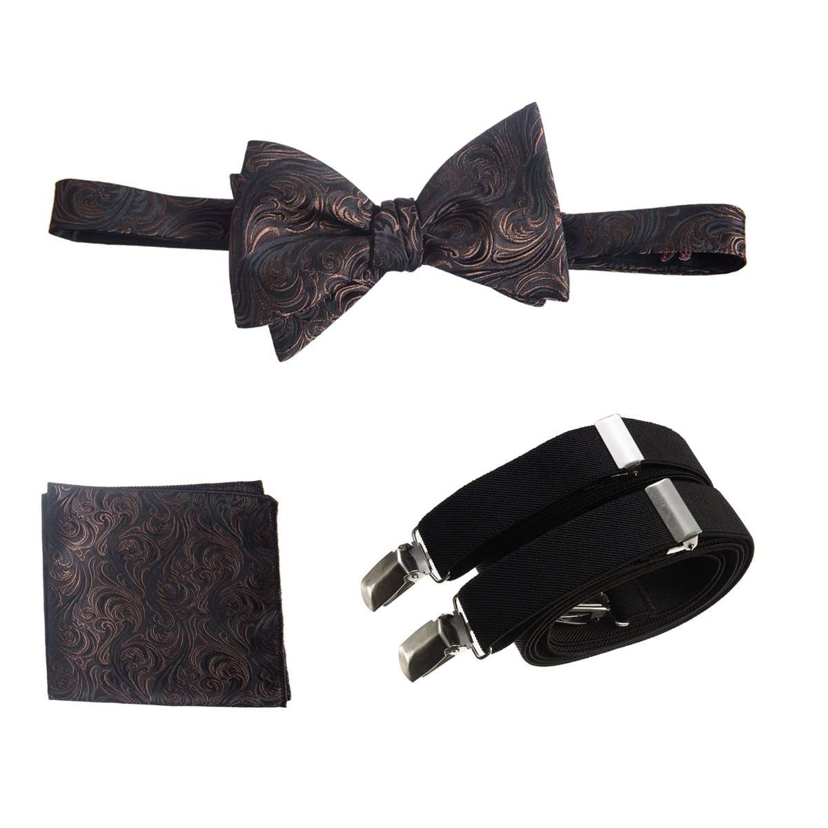 Self - tie Bow Tie & Pocket Square Paisley Jacquard with Adjustable Stretch Suspender - Tuxgear