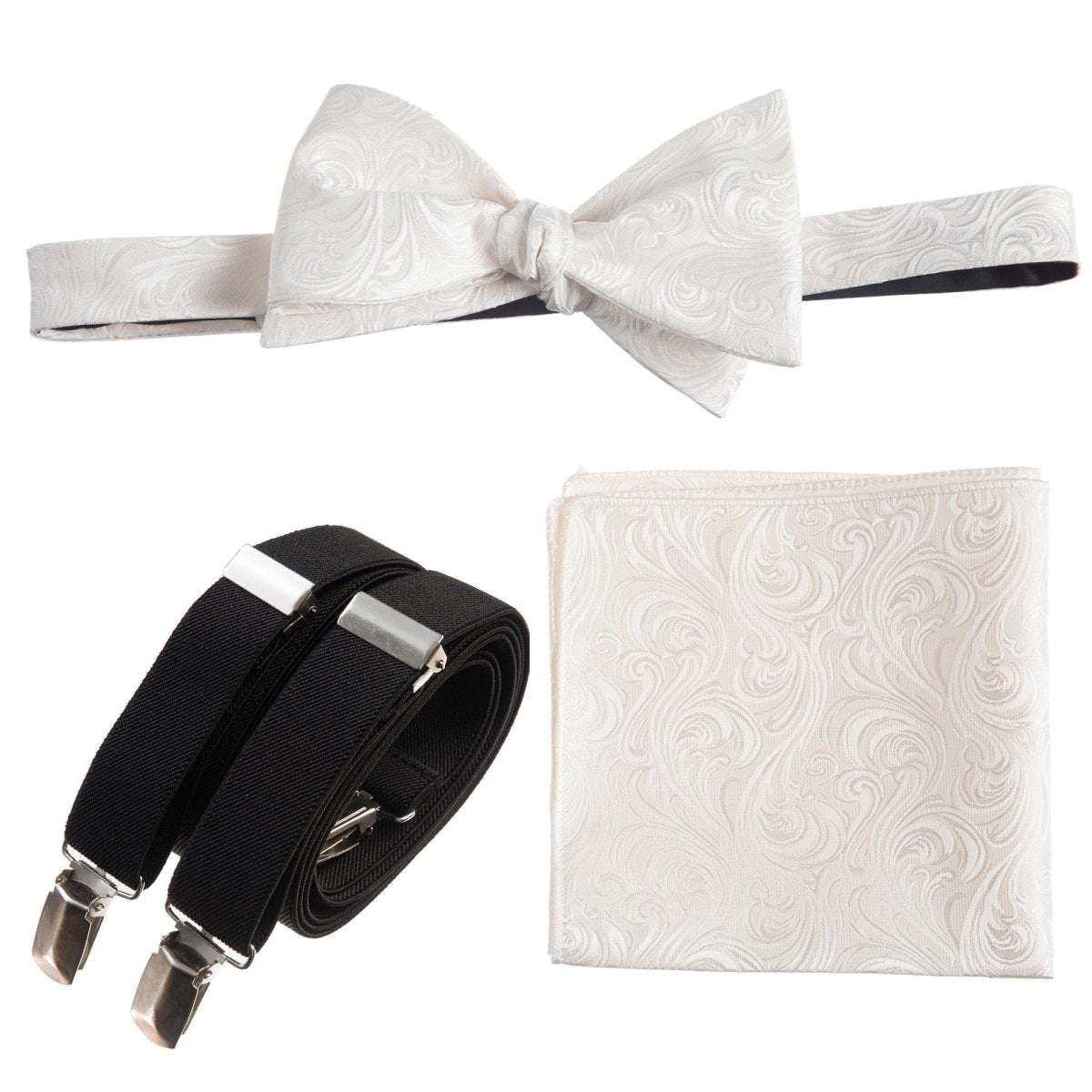 Self - tie Bow Tie & Pocket Square Paisley Jacquard with Adjustable Stretch Suspender - Tuxgear