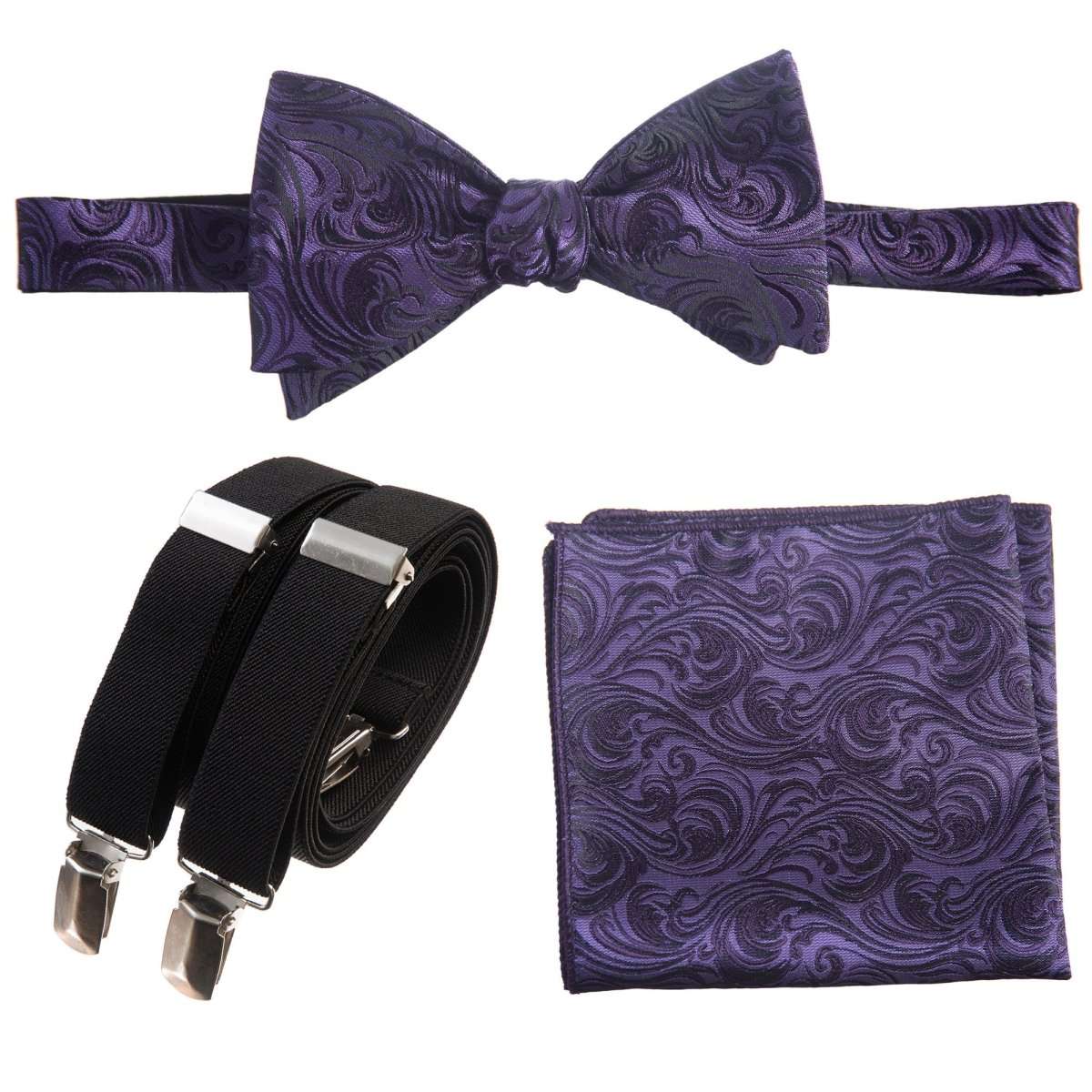Self - tie Bow Tie & Pocket Square Paisley Jacquard with Adjustable Stretch Suspender - Tuxgear