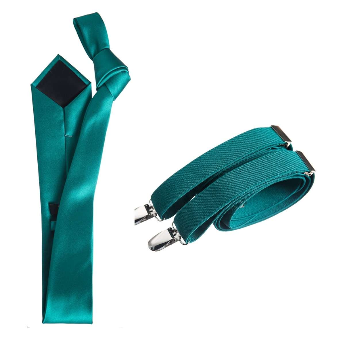 Self - Tie Satin Necktie with Matching Elastic Suspender - X Back Design - Tuxgear