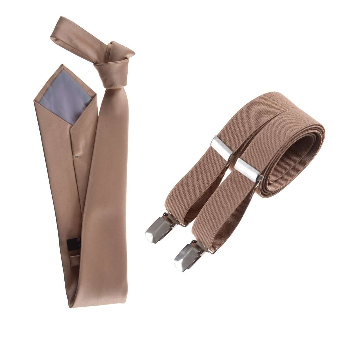 Self - Tie Satin Necktie with Matching Elastic Suspender - X Back Design - Tuxgear