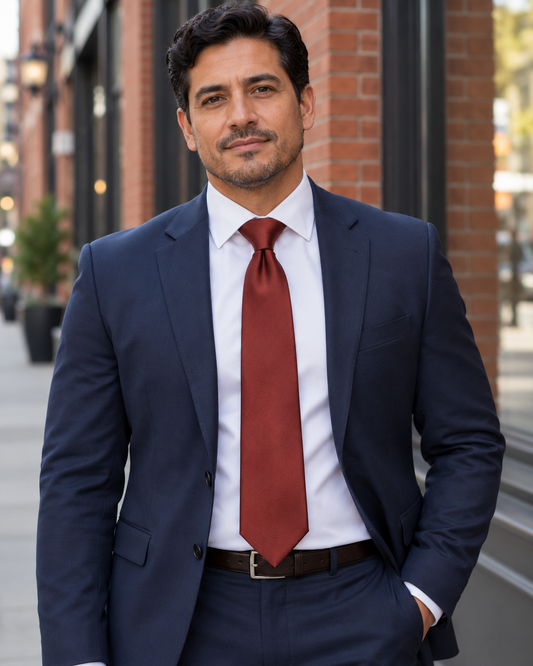 Terracotta self-tie Windsor necktie on model — downtown setting