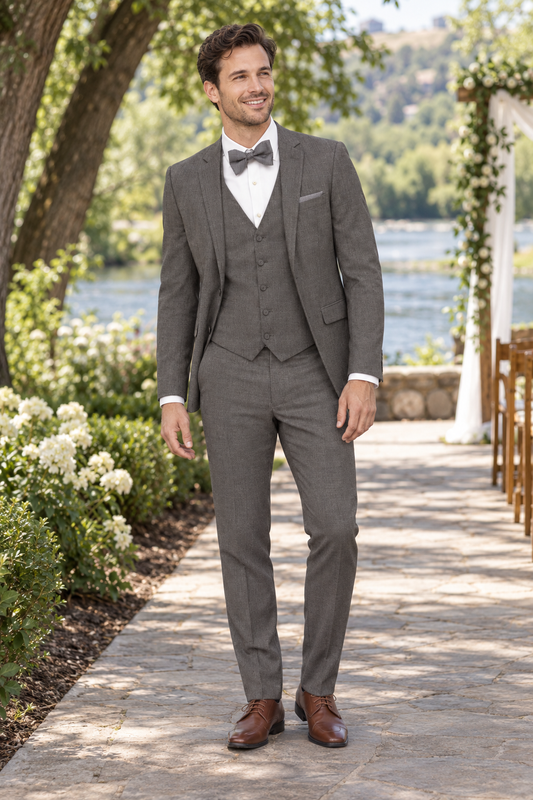 "The Brunswick" Men's Slim Fit Cafe 3 Piece Suit shown in professional outdoor wedding photography