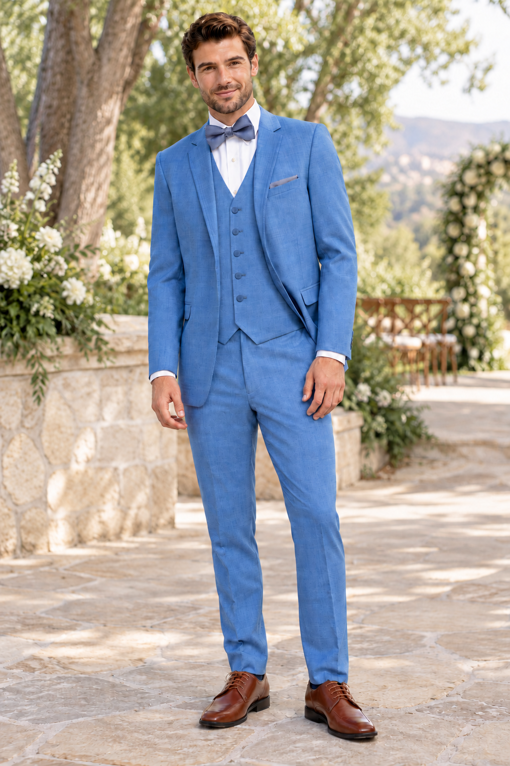 "The Brunswick" Men's Slim Fit Cornflower 3 Piece Suit shown in professional outdoor wedding photography