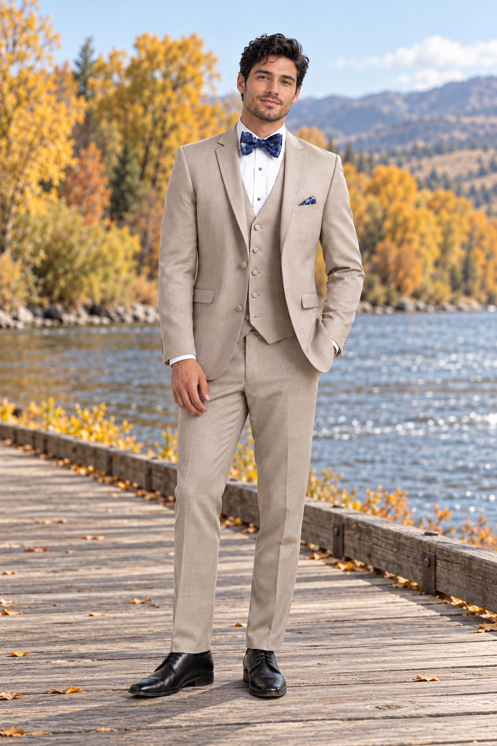 "The Brunswick" Men's Slim Fit Sand 3 Piece Suit — model photograph in a wide wooden boardwalk by an autumn river, distant golden cottonwood trees, no wedding decorations