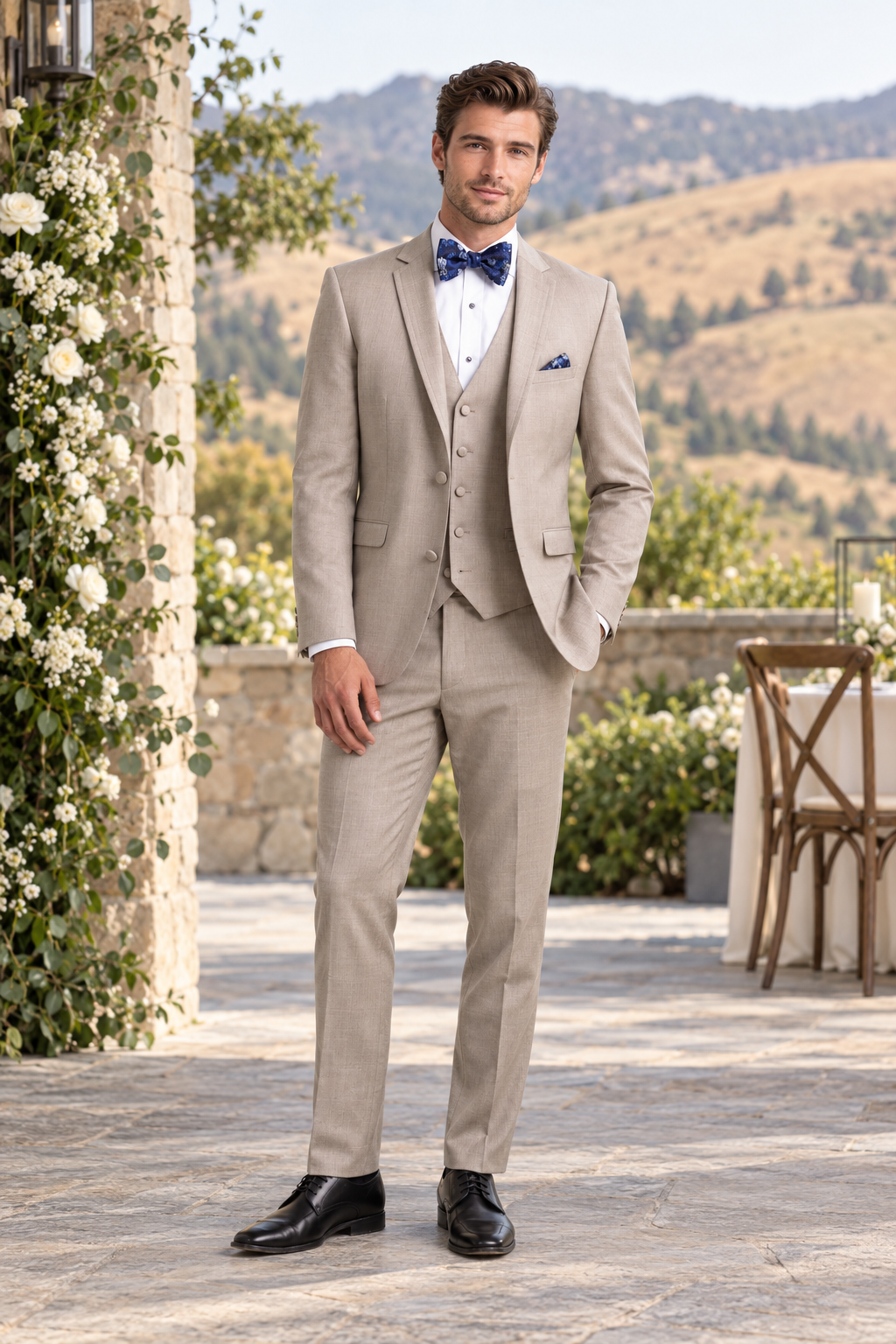 "The Brunswick" Men's Slim Fit Sand 3 Piece Suit shown in professional outdoor wedding photography