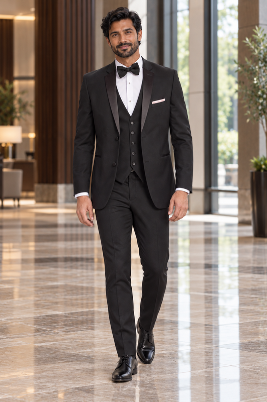 "The Dawson" Men's Slim Fit Black 3 Piece 2 Button Notch Tuxedo — varied model and setting