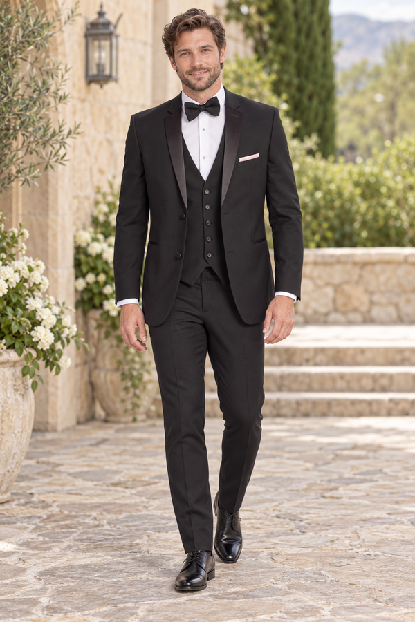 "The Dawson" Men's Slim Fit Black 3 Piece 2 Button Notch Tuxedo shown in professional outdoor wedding photography