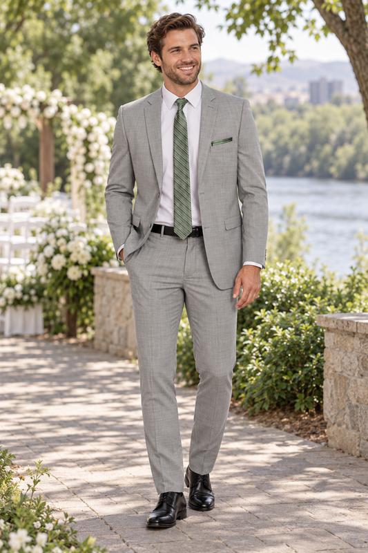 "The Dawson" Men's Slim Fit Chrome 3 Piece Suit shown in professional outdoor wedding photography