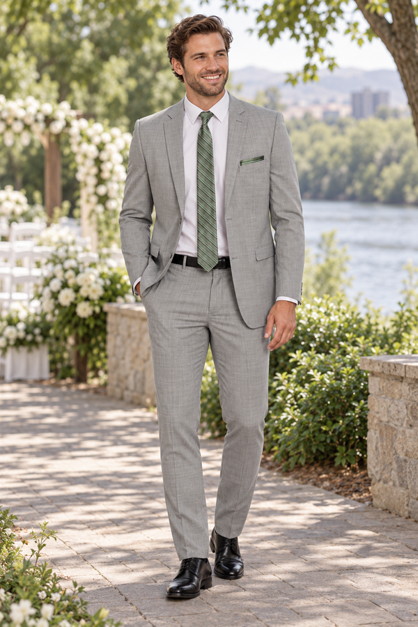 "The Dawson" Men's Slim Fit Chrome 3 Piece Suit shown in professional outdoor wedding photography