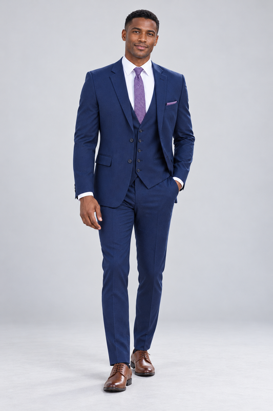 "The Dawson" Men's Slim Fit Navy Blue 3 Piece Suit — model photograph in a minimalist photographic studio with seamless pale gray backdrop and floor, large softbox lighting