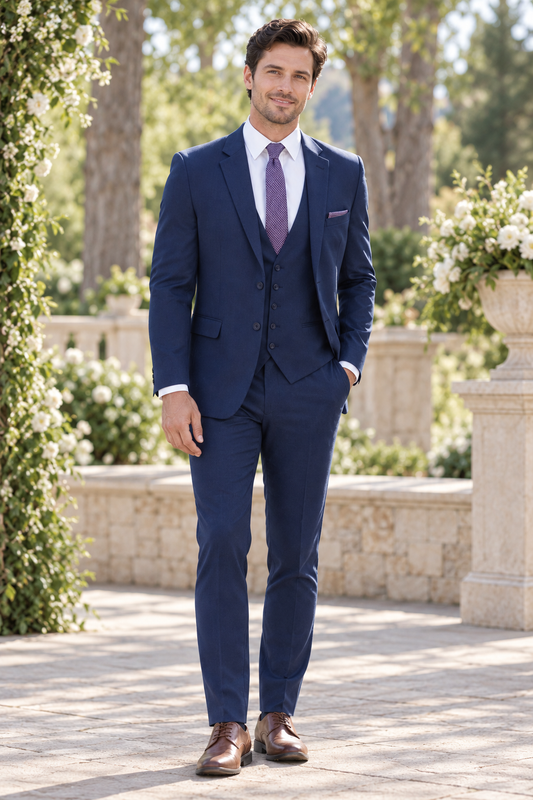 "The Dawson" Men's Slim Fit Navy Blue 3 Piece Suit shown in professional outdoor wedding photography