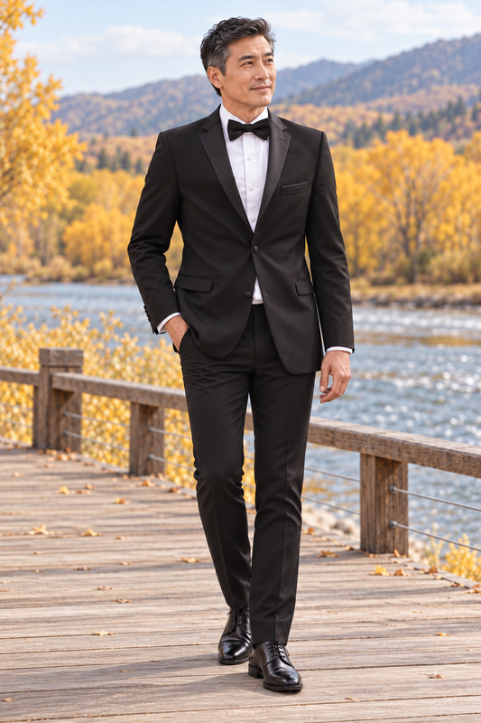 "The Essentials" Men's Slim Fit Black 3 Piece 2 Button Notch Tuxedo — model photograph in a wide wooden boardwalk by an autumn river, distant golden cottonwood trees, no wedding decorations