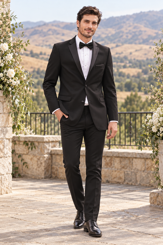 "The Essentials" Men's Slim Fit Black 3 Piece 2 Button Notch Tuxedo shown in professional outdoor wedding photography