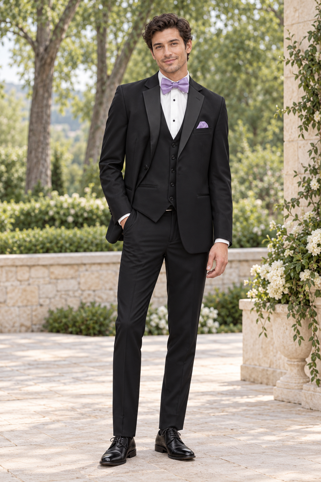 "The Metro" Men's Slim Fit Black 3 Piece 2 Button Notch Tuxedo shown in professional outdoor wedding photography