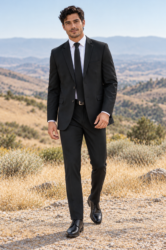 "The Metro" Men's Slim Fit Black 3 Piece Suit — model photograph in an open high-desert foothills overlook, dry tawny grasses and distant rolling hills, no stonework
