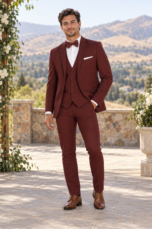 "The Metro" Men's Slim Fit Burgundy 3 Piece Suit shown in professional outdoor wedding photography