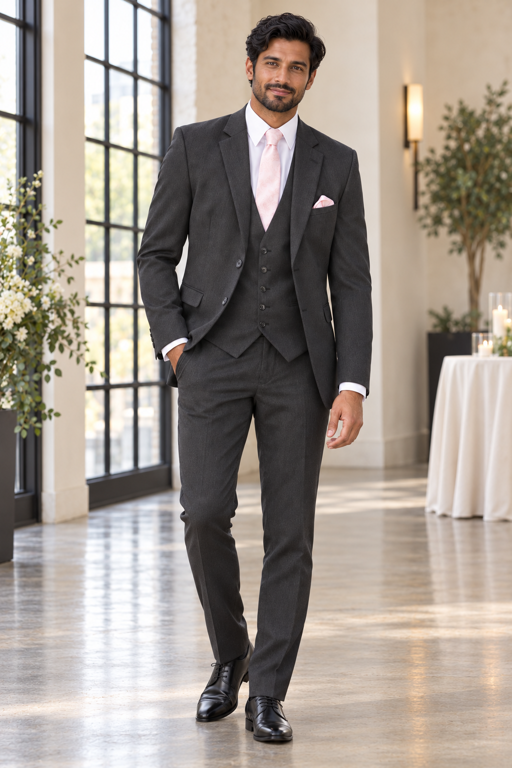 "The Metro" Men's Slim Fit Charcoal Grey 3 Piece Suit — model photograph in a refined industrial event venue interior, cream plaster wall, black steel windows, polished concrete floor