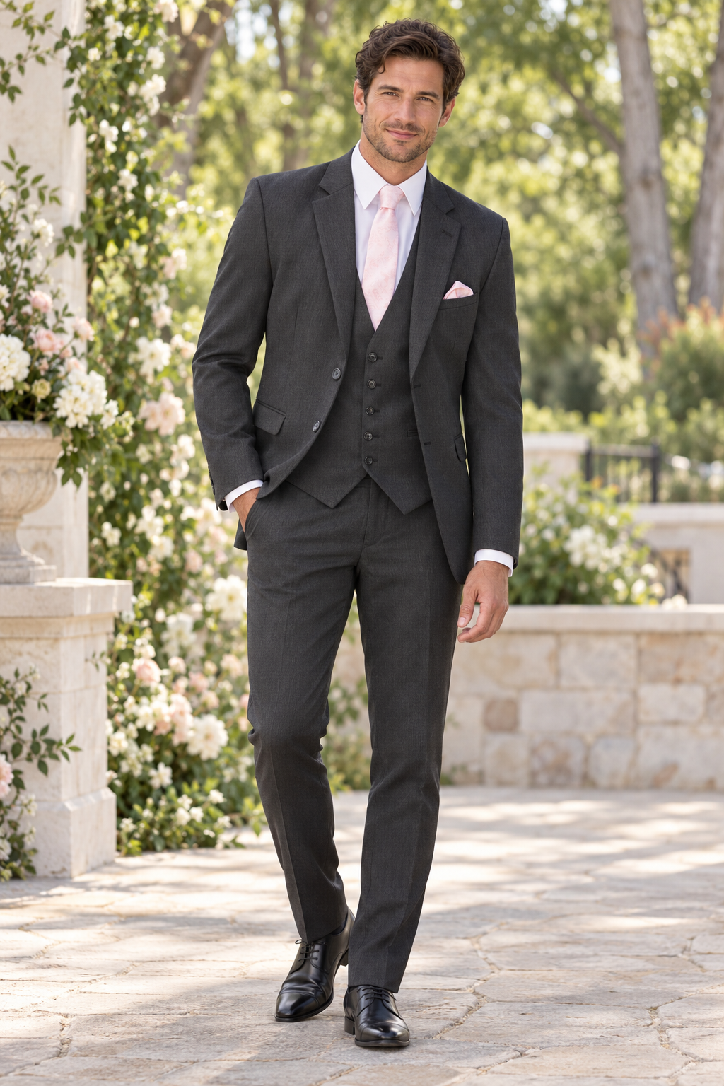 "The Metro" Men's Slim Fit Charcoal Grey 3 Piece Suit shown in professional outdoor wedding photography