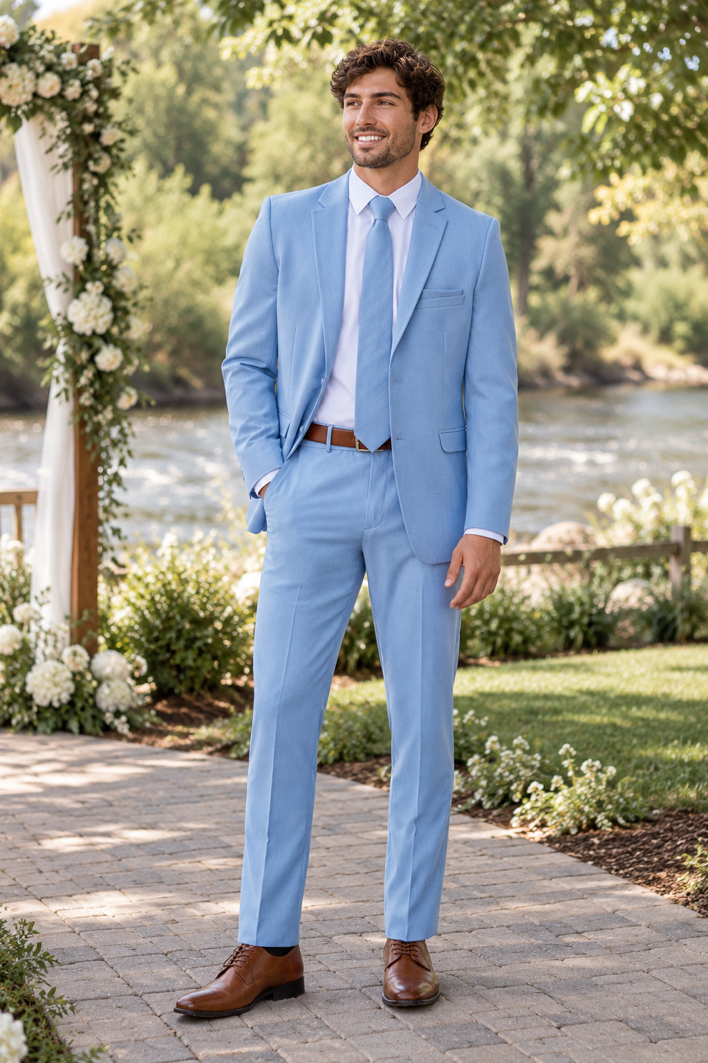"The Metro" Men's Slim Fit Cornflower 3 Piece Suit shown in professional outdoor wedding photography