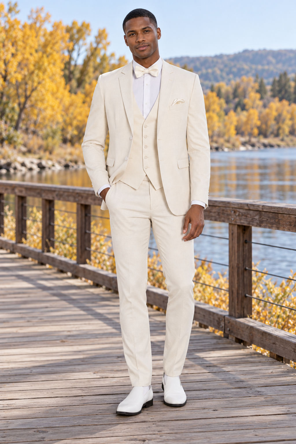 "The Metro" Men's Slim Fit Creme 3 Piece Suit — model photograph in a wide wooden boardwalk by an autumn river, distant golden cottonwood trees, no wedding decorations