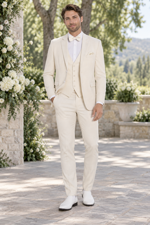 "The Metro" Men's Slim Fit Creme 3 Piece Suit shown in professional outdoor wedding photography
