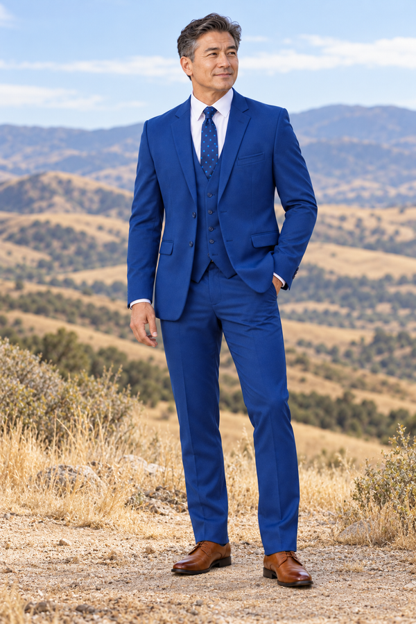 "The Metro" Men's Slim Fit Indigo Blue 3 Piece Suit — model photograph in an open high-desert foothills overlook, dry tawny grasses and distant rolling hills, no stonework