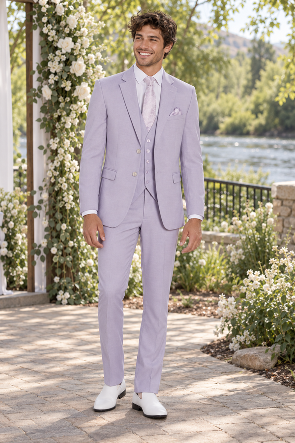"The Metro" Men's Slim Fit Lavender 3 Piece Suit shown in professional outdoor wedding photography