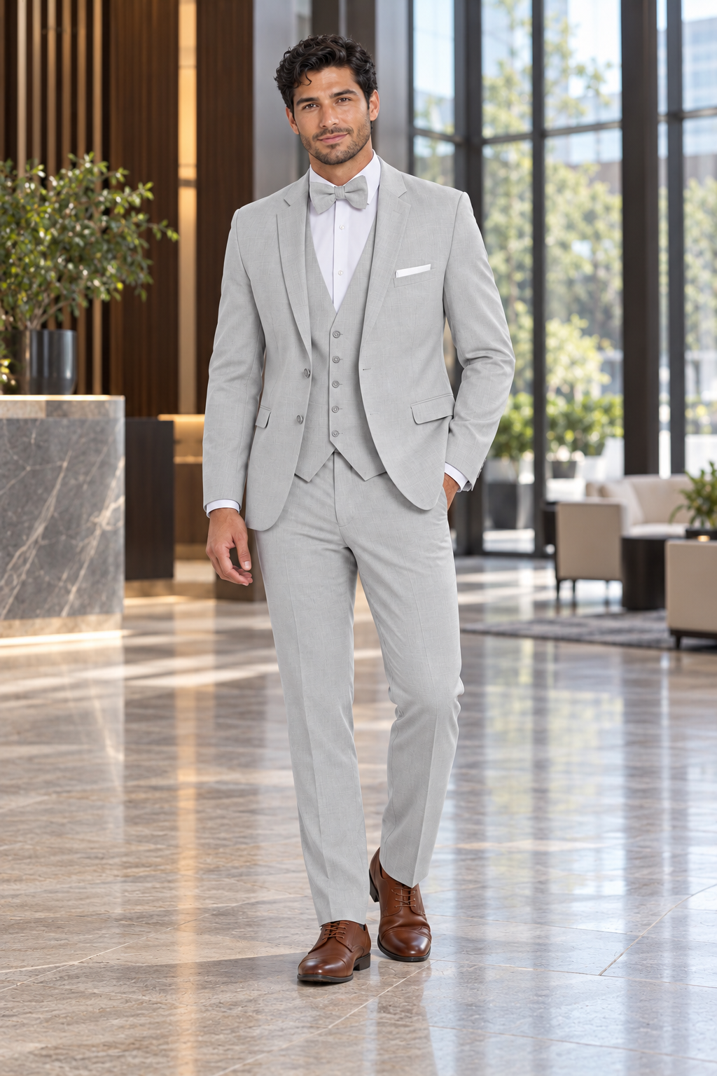 "The Metro" Men's Slim Fit Light Grey 3 Piece Suit — model photograph in a modern hotel lobby with dark wood vertical panels and tall glass windows, neutral daylight, no crowd
